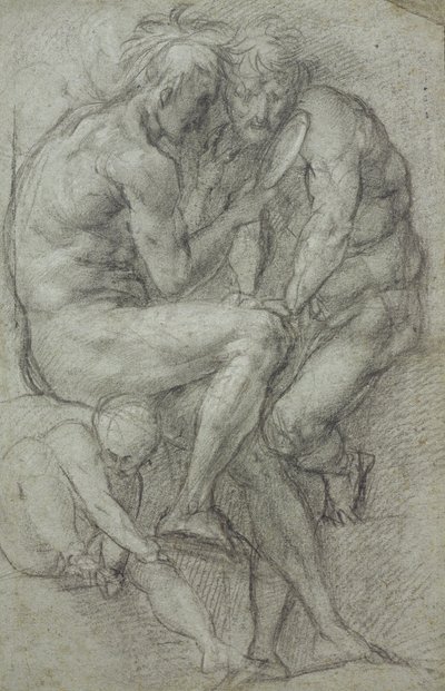 Studien von Akten (zwei Männer, sitzend, in einen Spiegel schauend, und ein sitzender Junge) von Jacopo Carucci